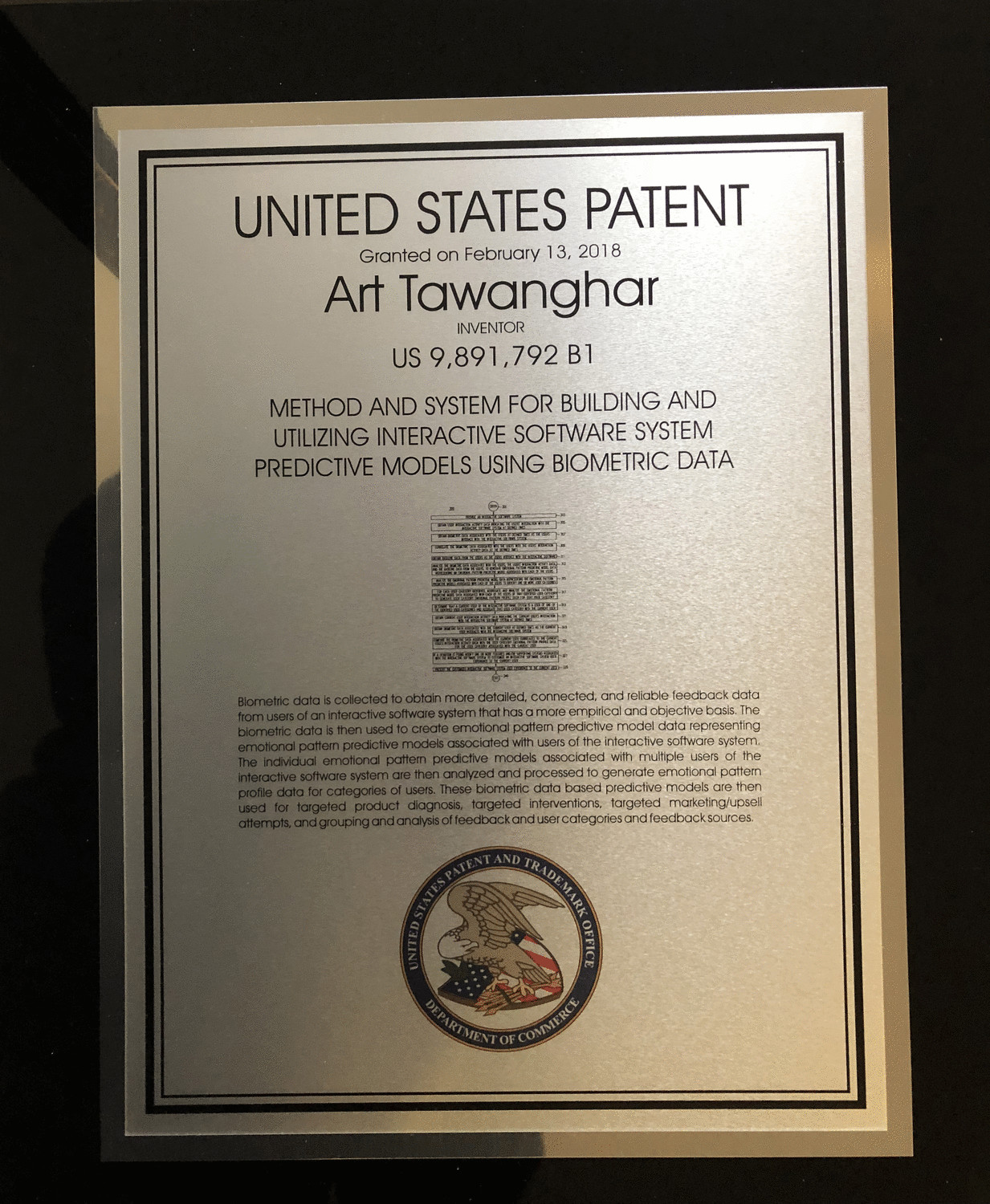 United States Patent plaque granted to Art Tawanghar, US 9,891,792 B1, February 13, 2018