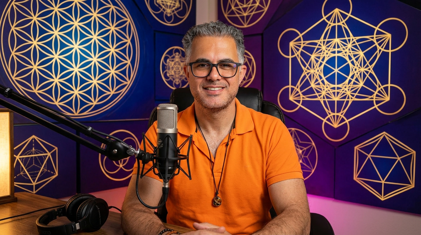 Art Tawanghar in his studio surrounded by sacred geometry panels